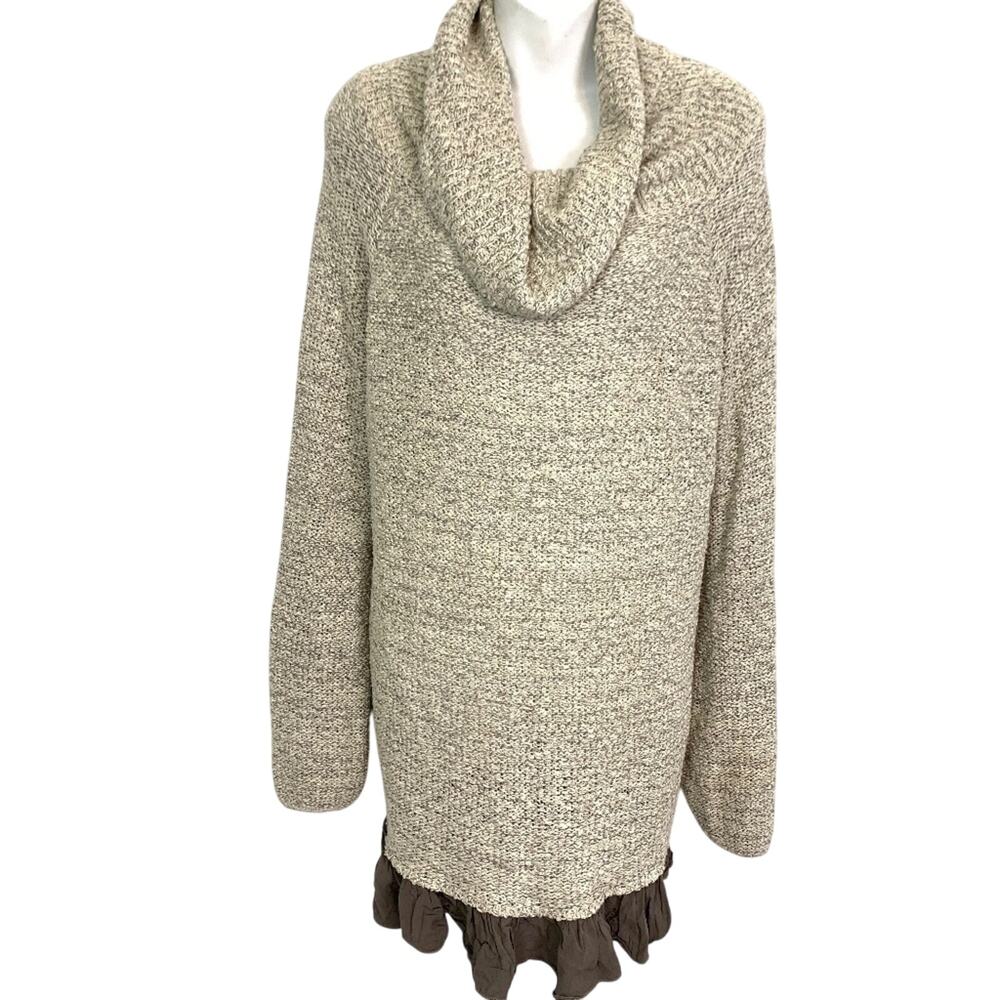 Easel Womens Long SleeveCowl Neck Beige Ruffle Sweater Boho Marled Longline M